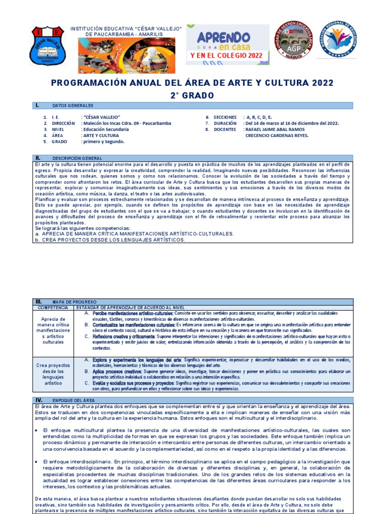 2° Progamación Anual de Arte y Cultura-2022 Primero y Segundo | PDF ...
