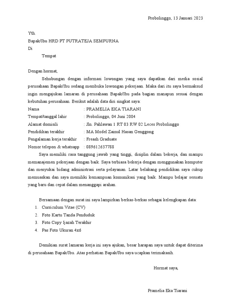 Contoh Surat Lamaran Kerja | PDF