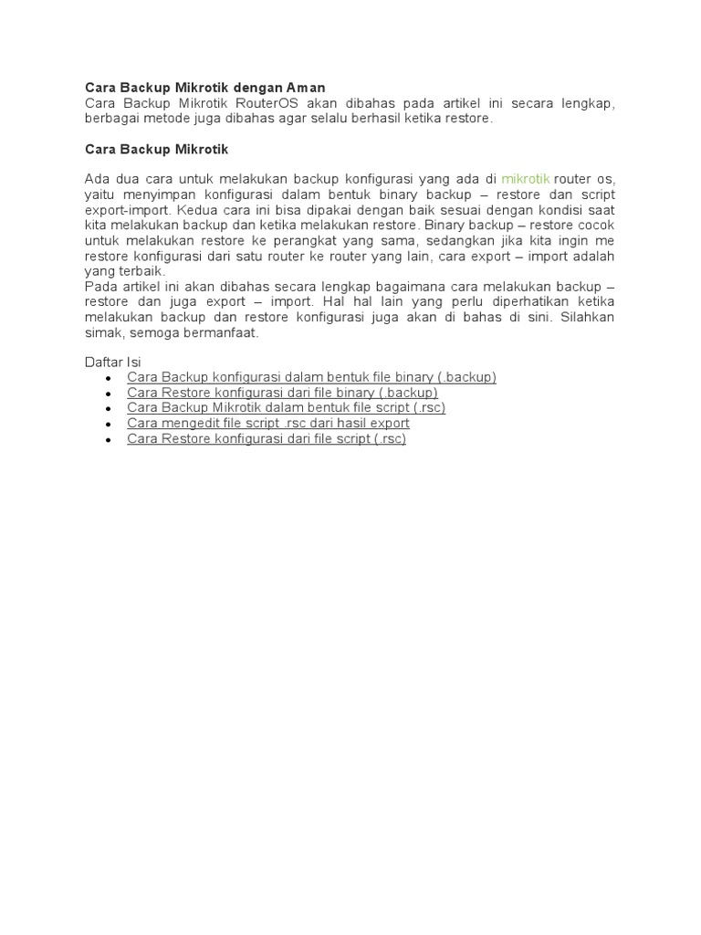 Cara Backup dan Restore Mikrotik | PDF