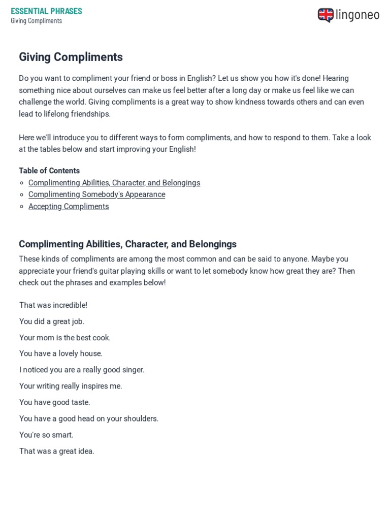 Giving Compliments - Phrases Full Article | PDF | Clothing