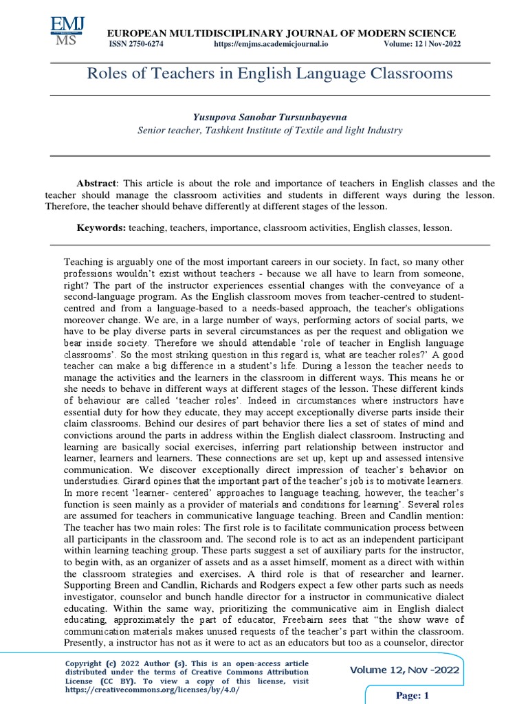 Roles Of Teachers In English Language Classrooms Pdf Teachers
