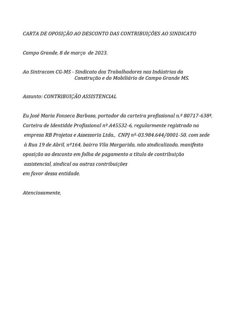 Oposição ao Desconto Sindical | PDF