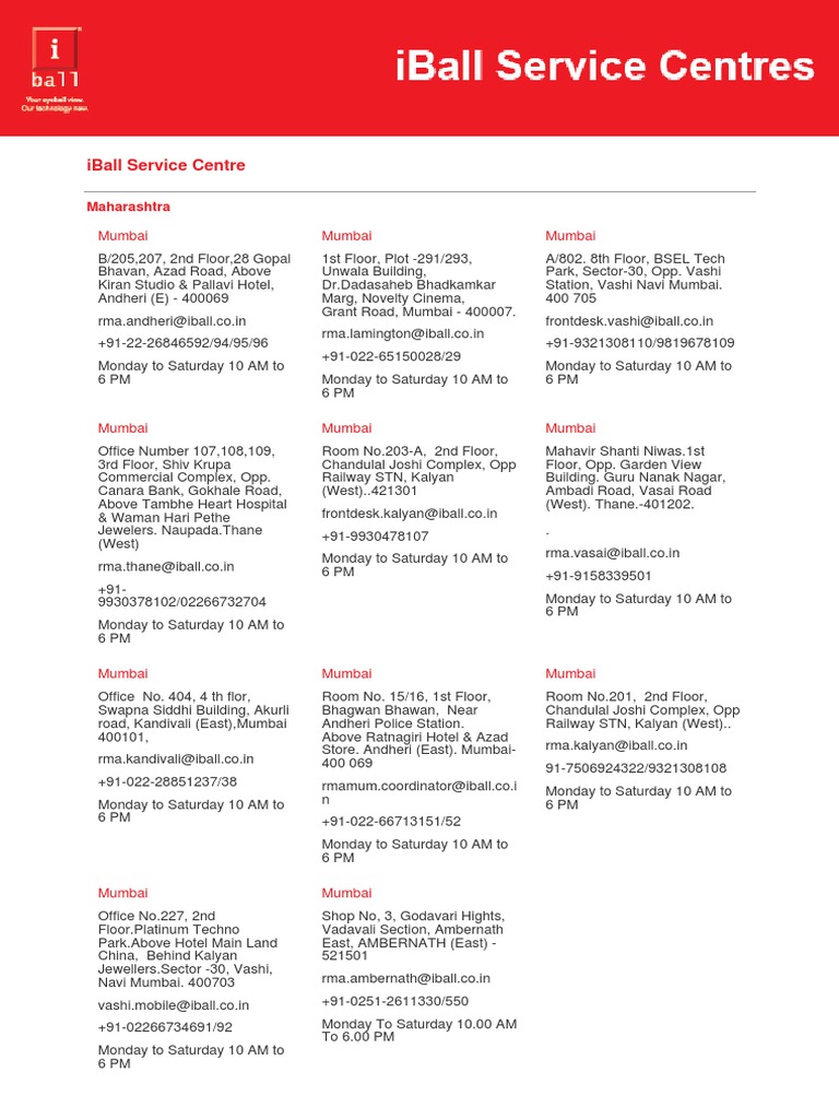 Iball Service Centres PDF Mumbai