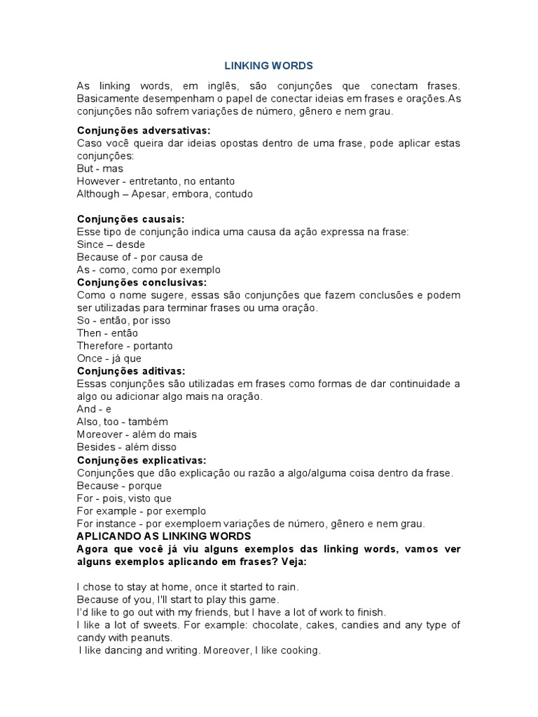 LINKING WORDS 7 Ano | PDF | Carreira e Crescimento | Artes Linguísticas ...