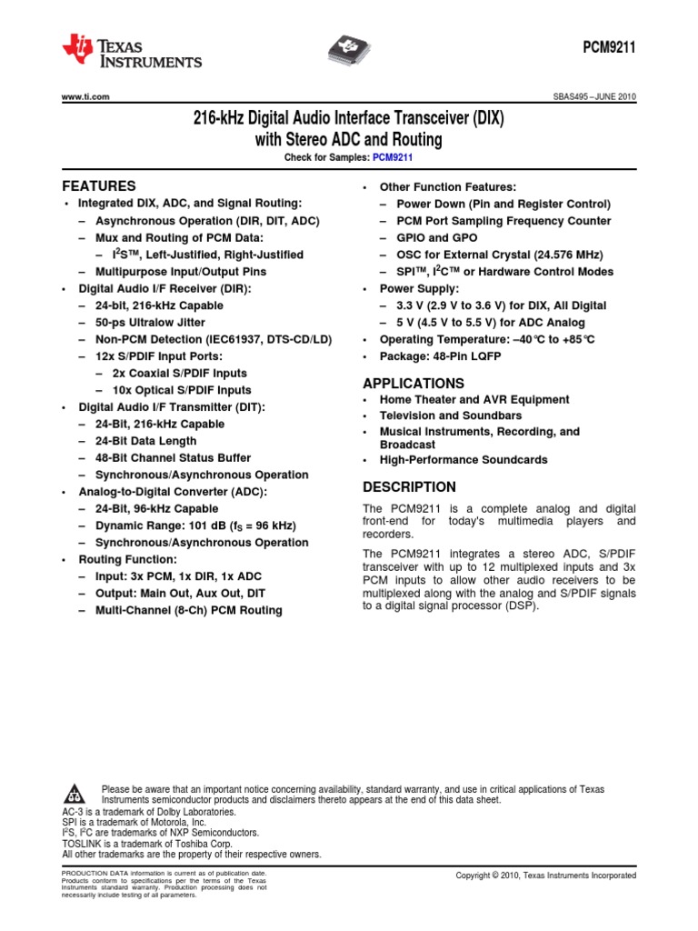 Datasheet PCM9211 | PDF | Analog To Digital Converter | Amplifier
