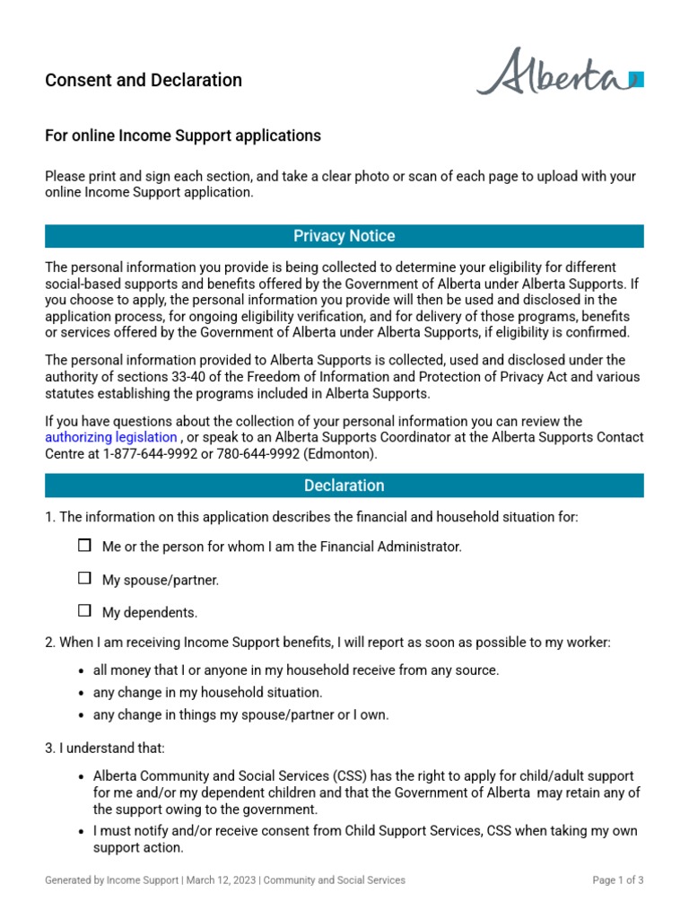 Consent and Declaration: For Online Income Support Applications 