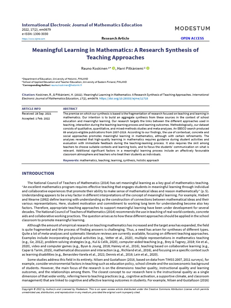 Meaningful Learning in Mathematics A Research Synthesis of Teaching ...