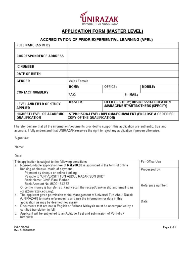 UNIRAZAK Master Application Form | PDF