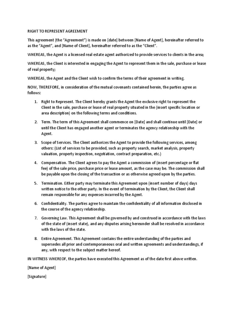 Right To Represent Agreement PDF Lease Business