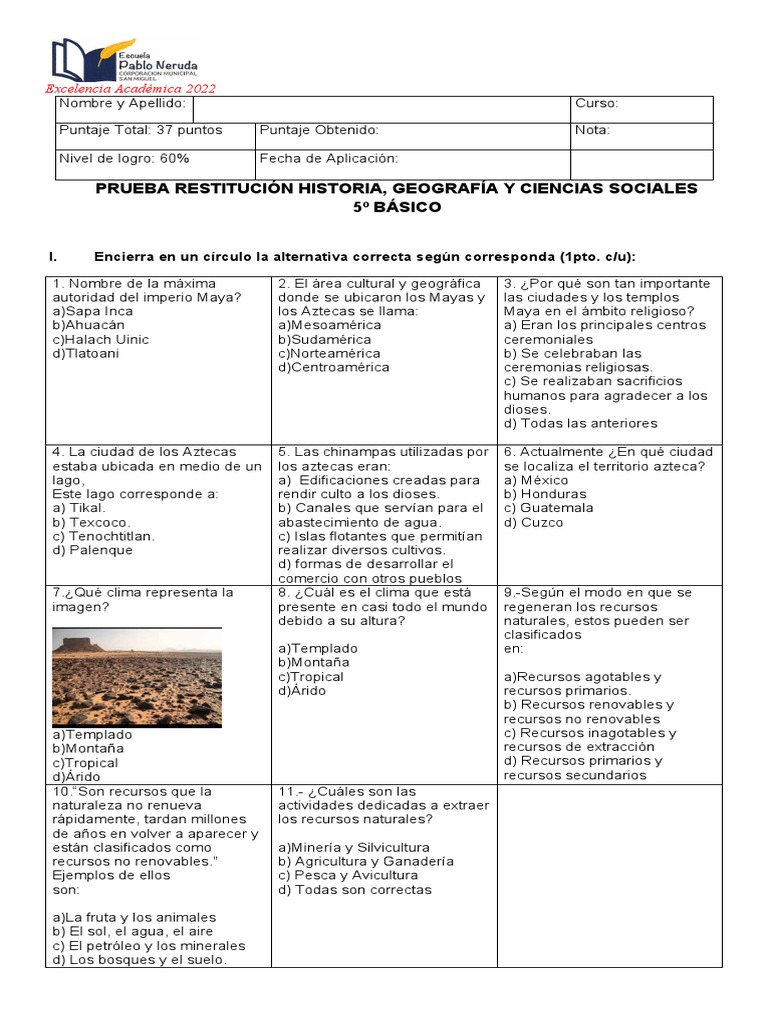 Prueba de HIstoria 5to Basico Mayo PDF