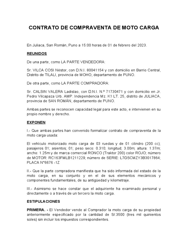 Contrato de Compraventa de Moto Carga | PDF | Negocios | Derecho