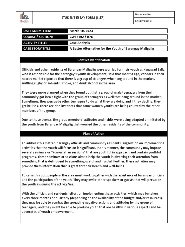 Case analysis essay a better alternative for the youth of barangay