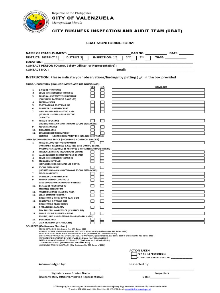 Valenzuela Business Inspection Checklist | PDF | Personal Protective ...
