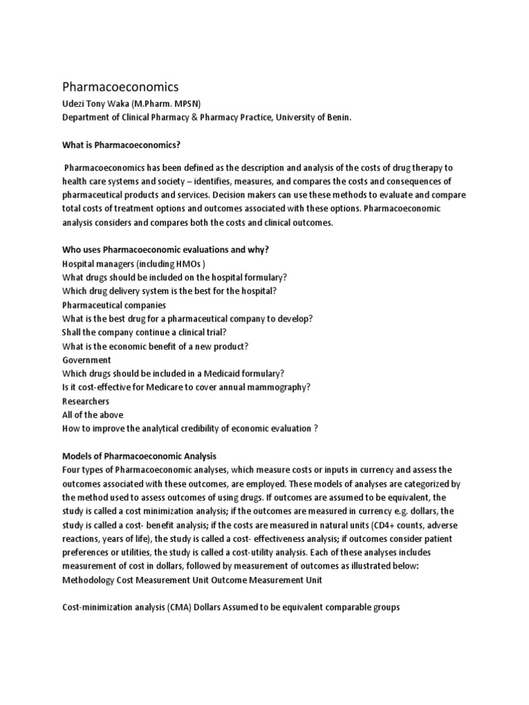 What Is Pharmacoeconomics? PDF CostBenefit Analysis Health Care