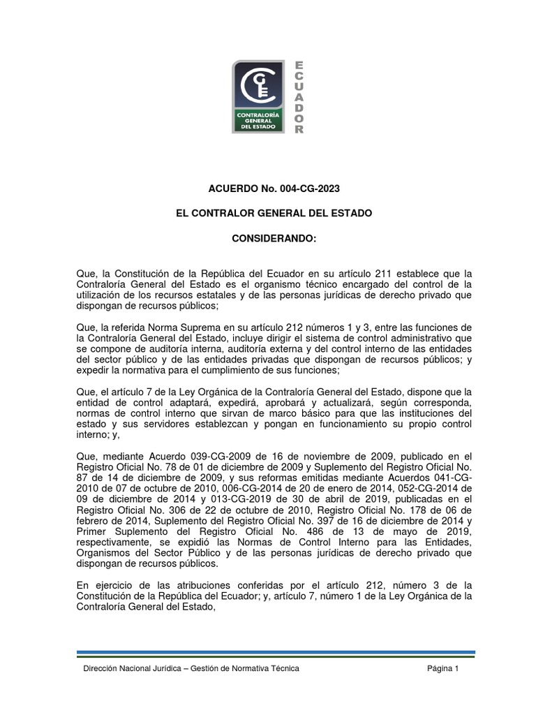 Acuerdo 004-CG-2023 Normas de Control Interno PDF | PDF | Presupuesto ...