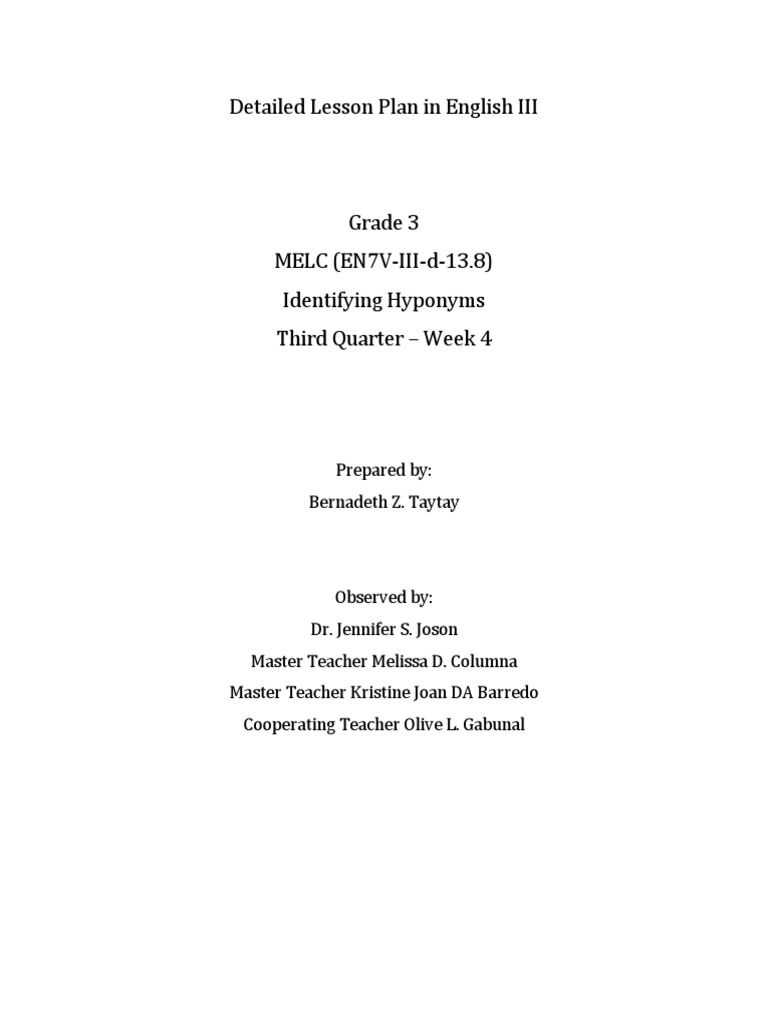 Hyponyms Lesson Plan for Grade 3 | PDF | Lesson Plan