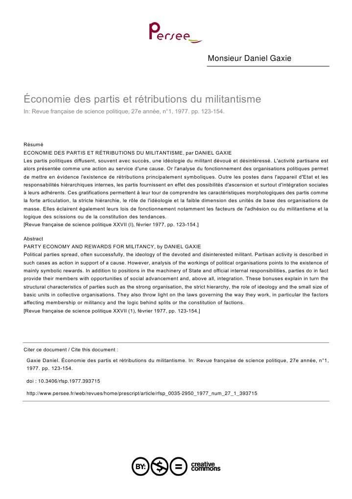 Économie Des Partis Et Rétributions Du Militantisme | PDF