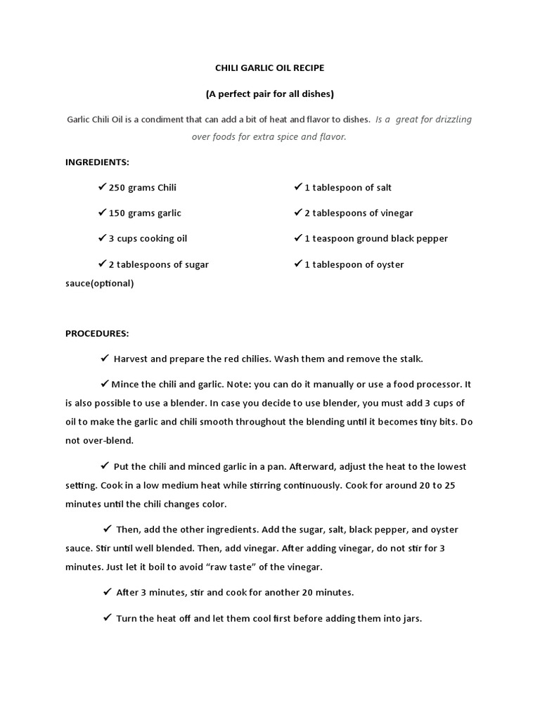 Chili Garlic Oil Recipe PDF