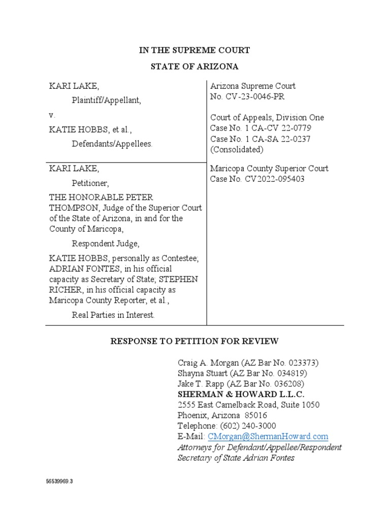 Lake v Hobbs: Response To Petition in AZ Supreme Court PDF Burden