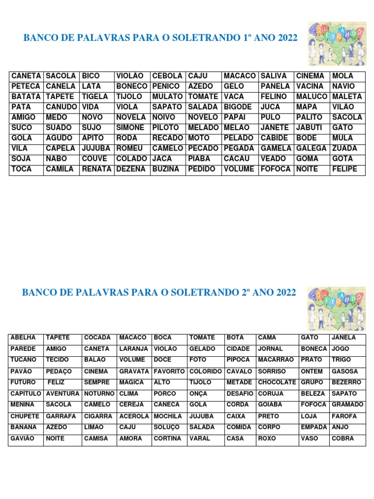 Banco de Palavras para Soletrando 1º a 5º Ano | PDF | Agricultura ...