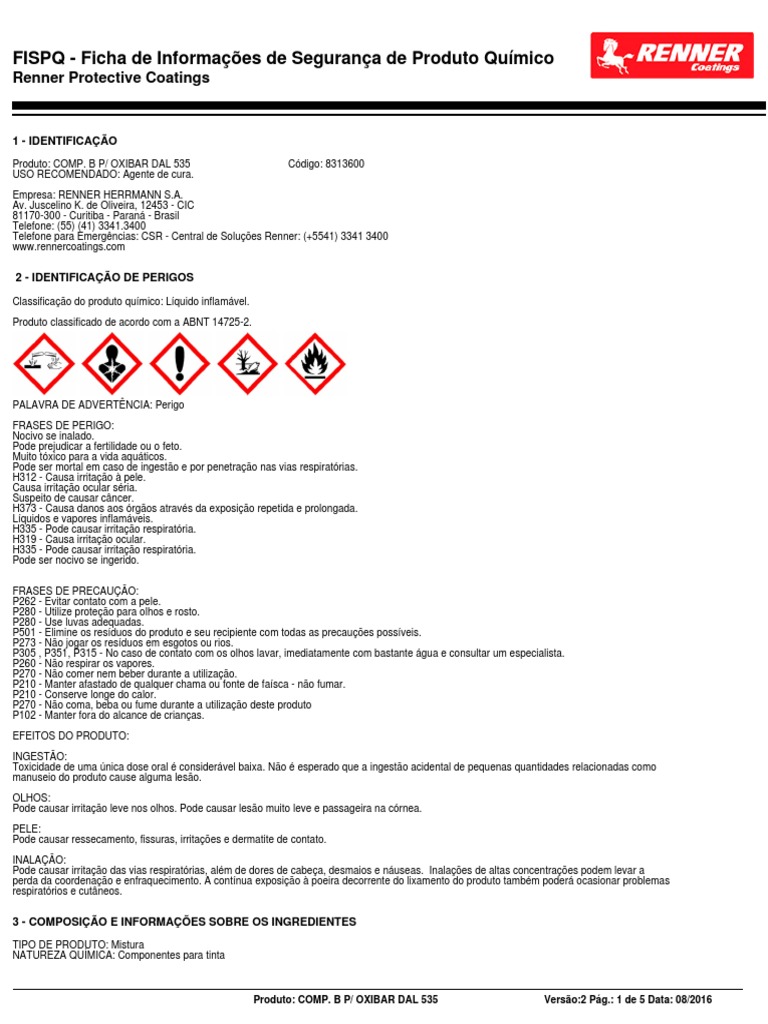 FISPQ: Segurança do COMP. B OXIBAR DAL 535 | PDF | Embalagem e ...