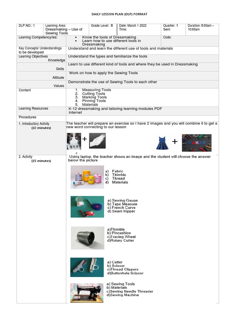 Dressmaking Tools Lesson Plan | PDF | Sewing | Seam (Sewing)