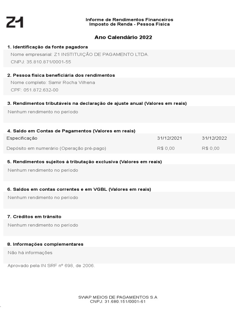 Informe de Rendimentos z1 2022 PDF PDF