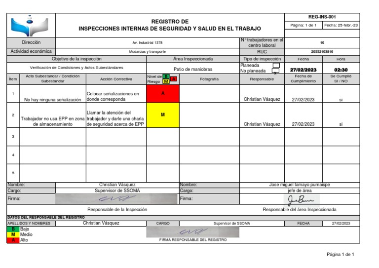 REGISTRO DE INSPECCIÓN | PDF