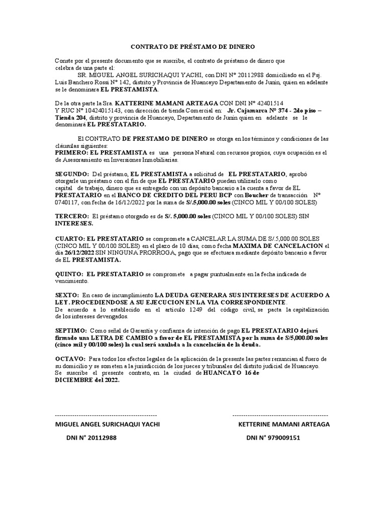 Contrato de Préstamo de Dinero | PDF | Crédito | Finanzas y dinero