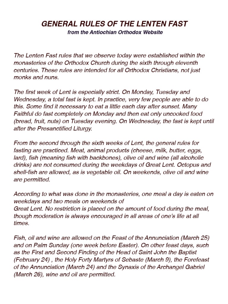 General Rules For The Lenten Fast PDF Lent Liturgical Calendar