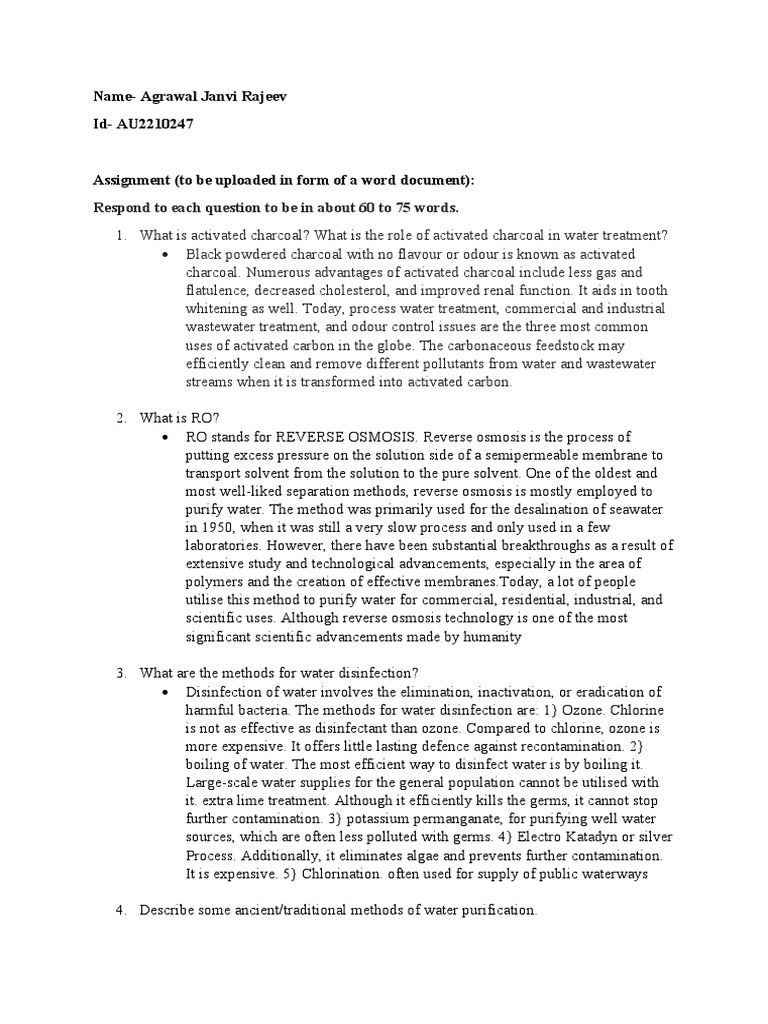 Water Filteration Assignment PDF Water Purification Water