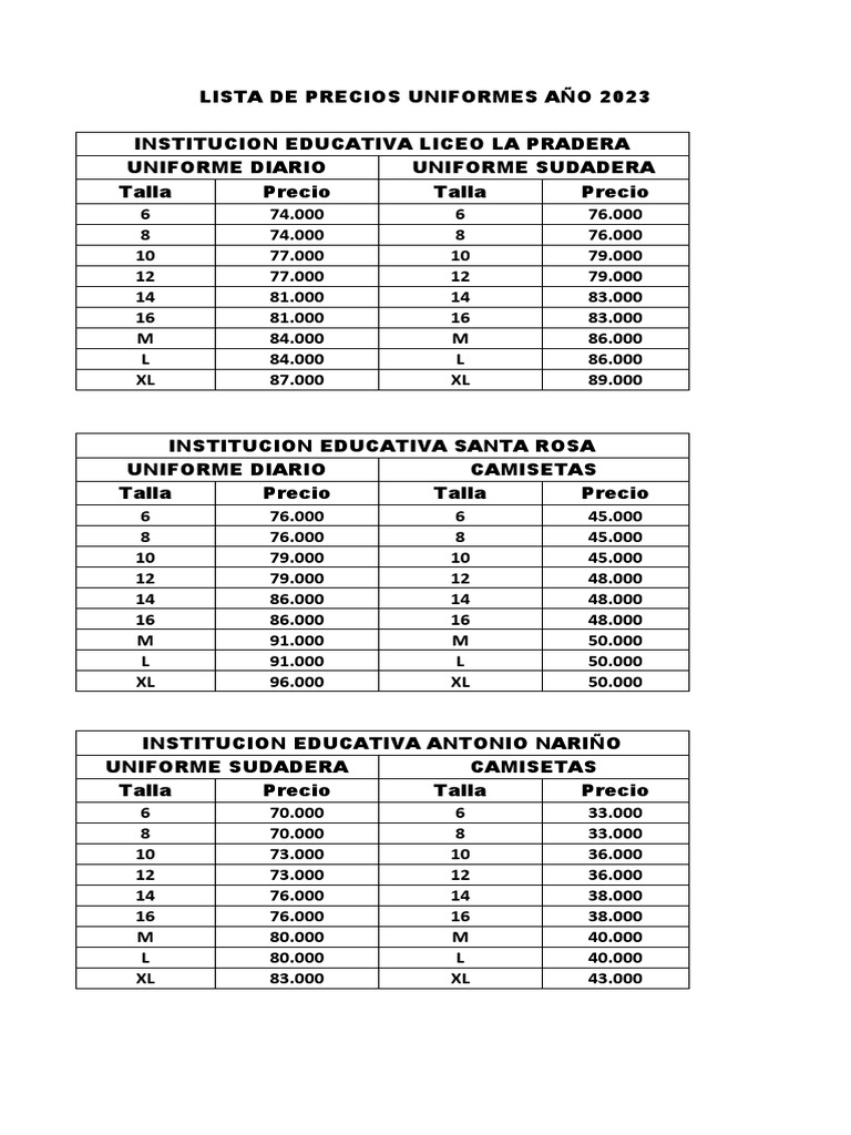 Lista de Precios Uniformes Años 2023 PDF