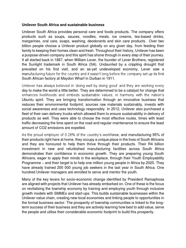 Unilever SA and Sustainable Business | PDF | Unilever | Economies