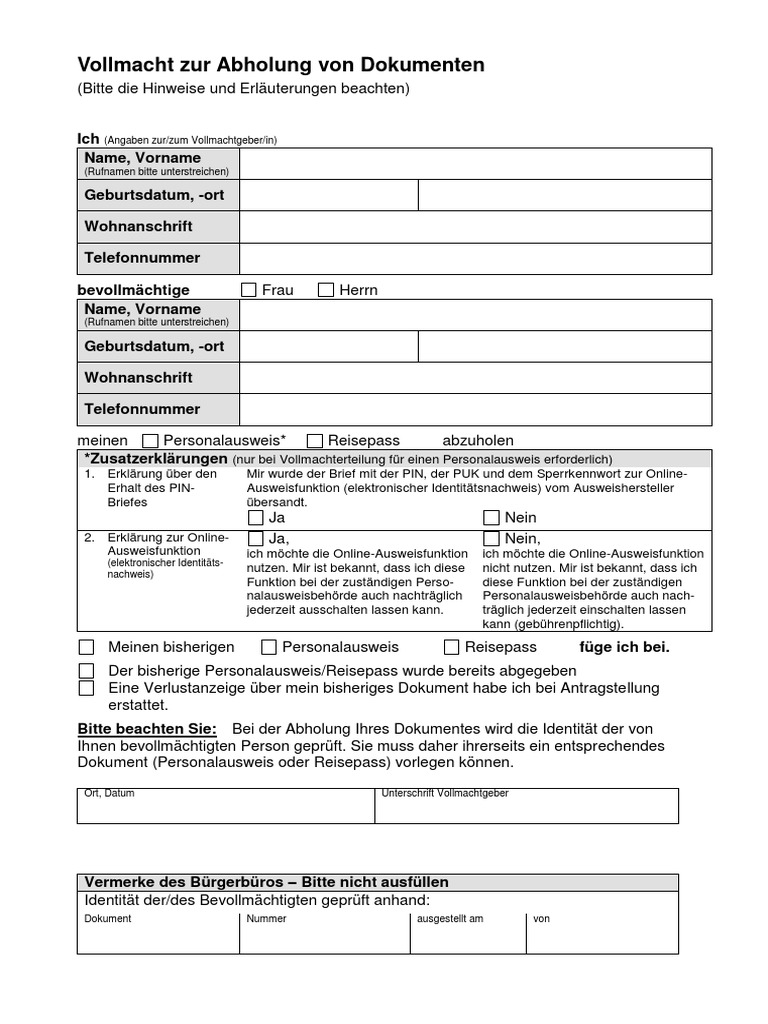 Vollmacht Zur Abholung Von Dokumenten PDF PDF