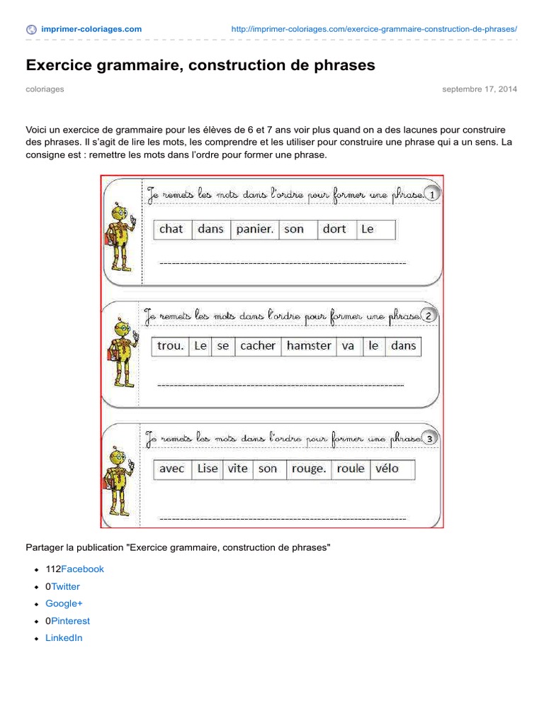 Exercice De Grammaire Cm2 à Imprimer Exercice Grammaire Construction de Phrases - 2 | PDF