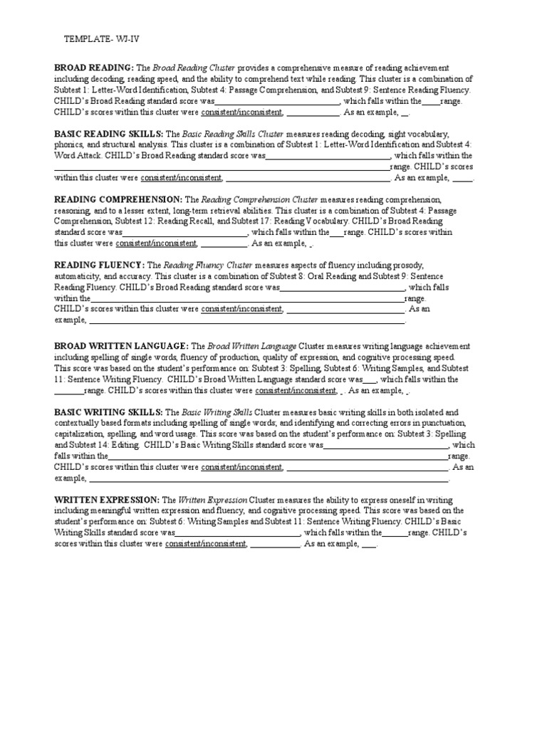 WJ-IV Reading and Writing Assessment Template | PDF | Phonics | Fluency