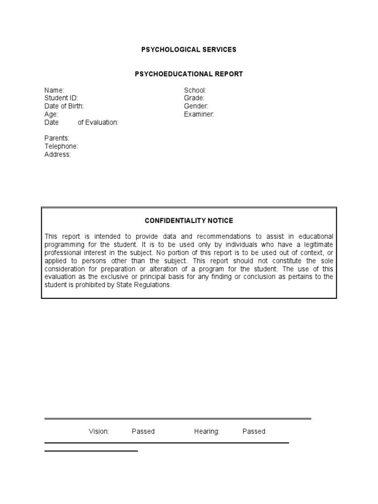 Psychoeducational Report Shell Template PDF Wechsler