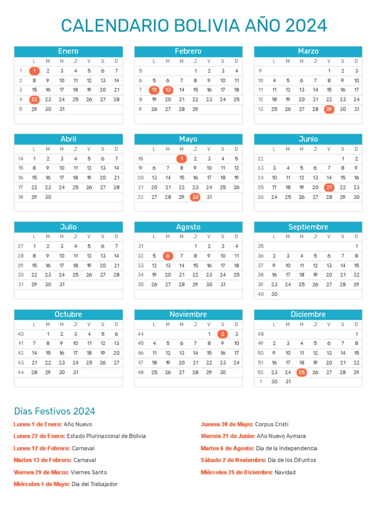 Calendario Bolivia 2024 PDF