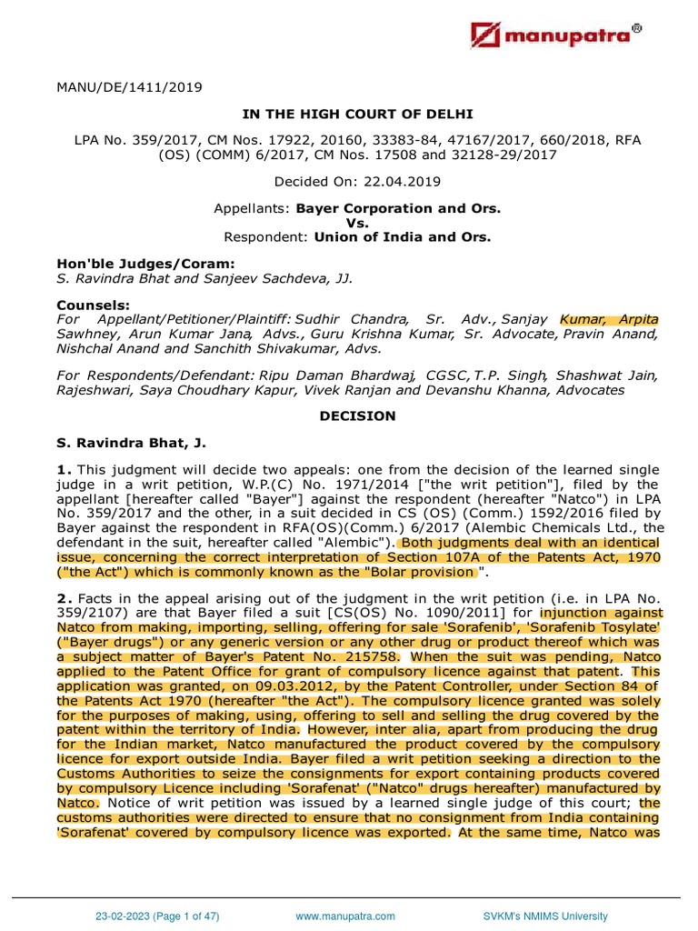 Bayer Corporation And Ors Vs Union Of India And