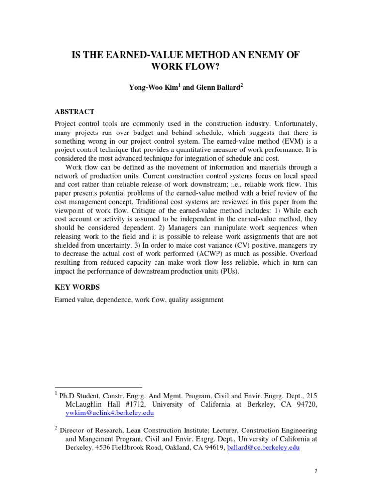 Kim and ballard 2000 is the earned value method an enemy of work flow