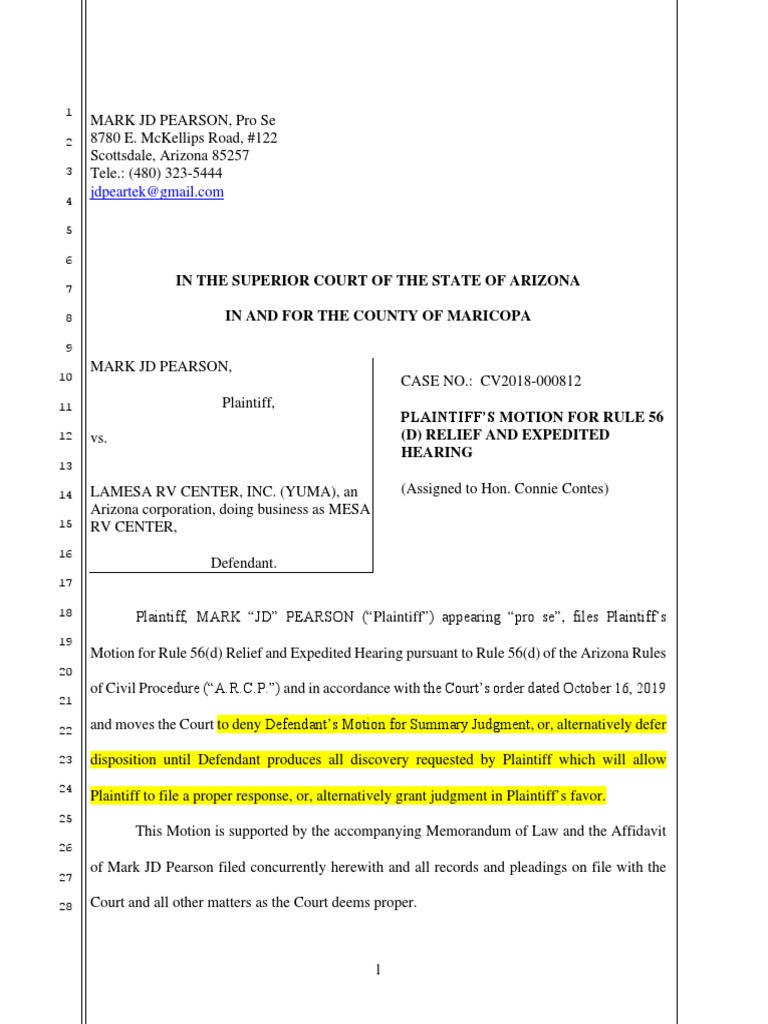 Motion for Rule 56(d) Relief in Arizona | PDF | Discovery (Law ...