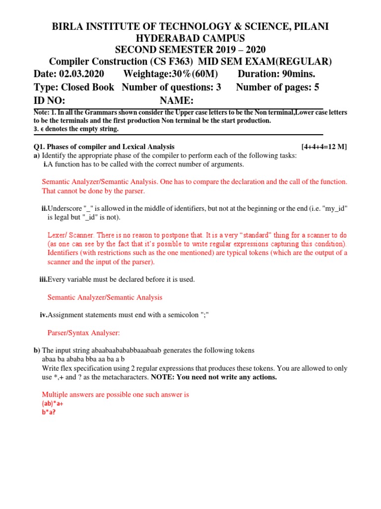 Compiler Construction Mid Exam 2020 | PDF | Grammar | Linguistics