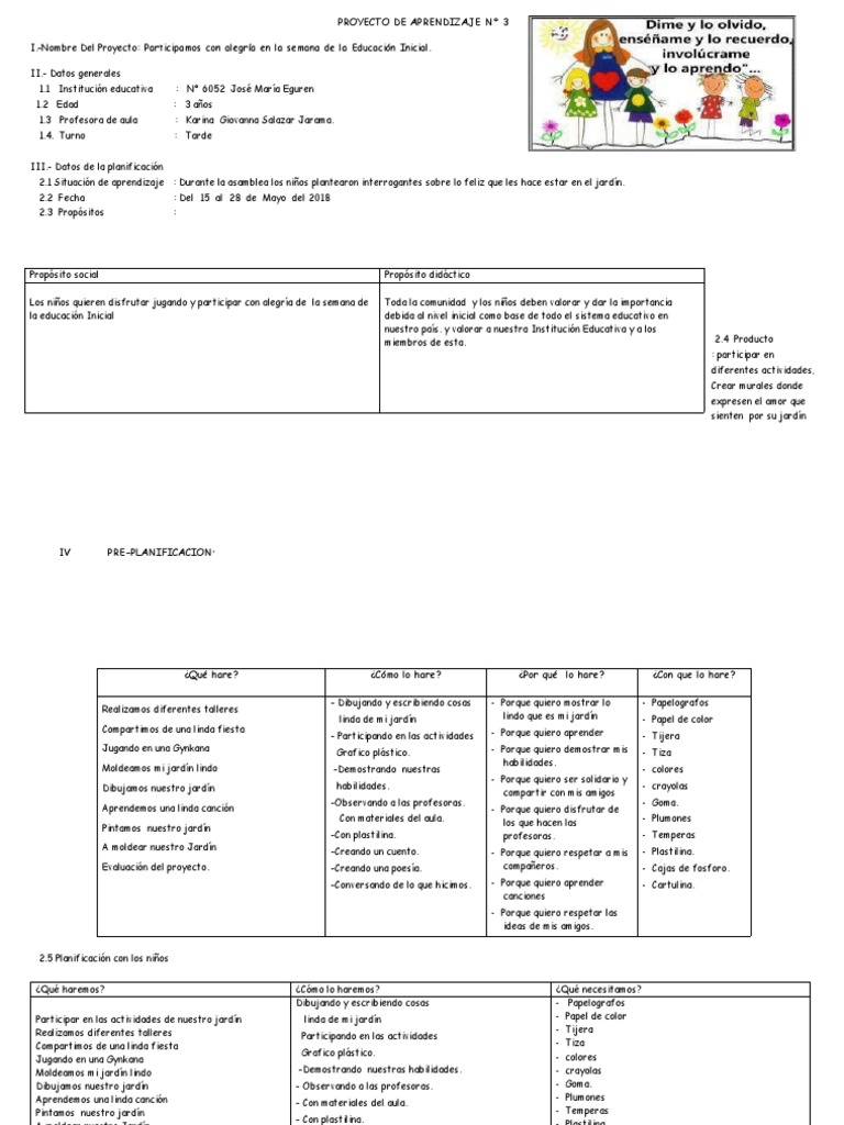 Proyecto de Aprendizaje en Educación Inicial | PDF | Educación de la ...