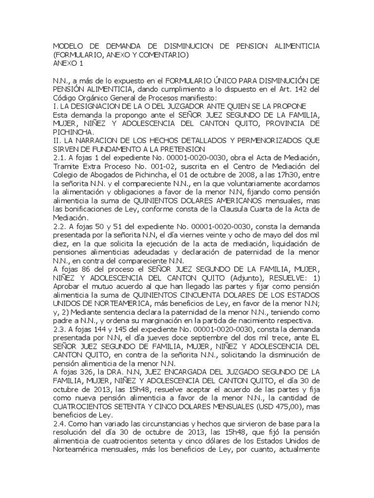 Modelo de Demanda de Disminución de Pensión de Alimentos, Formulario I