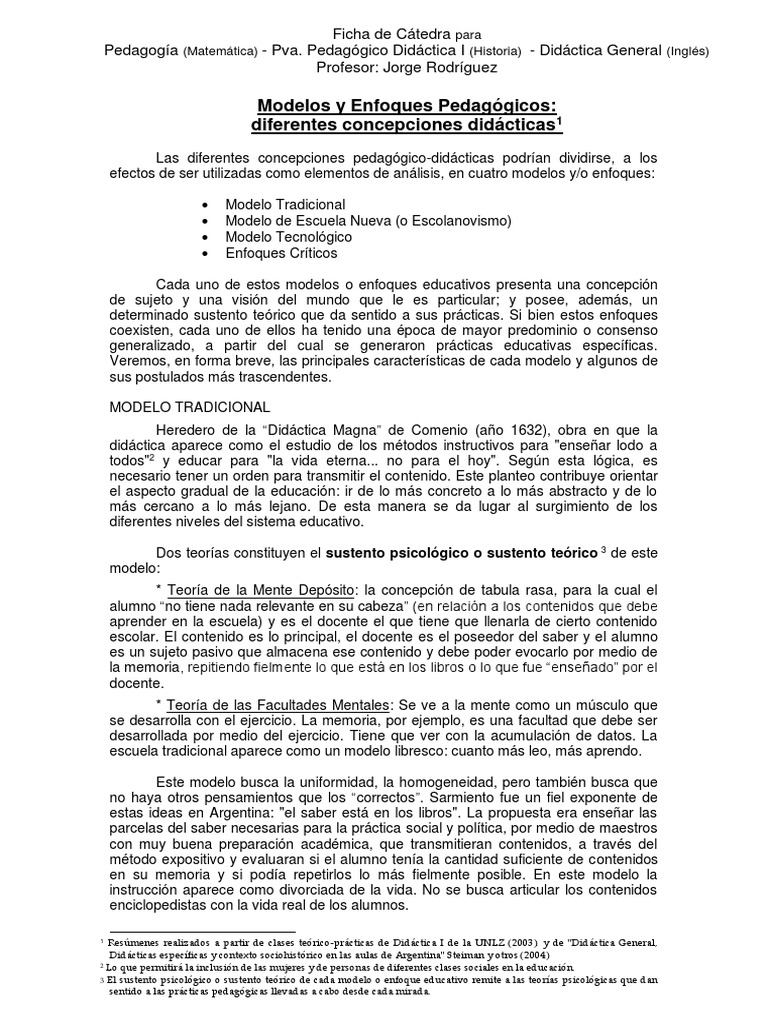Ficha Modelos y Enfoques Educativos | PDF | Enseñando | Aprendizaje