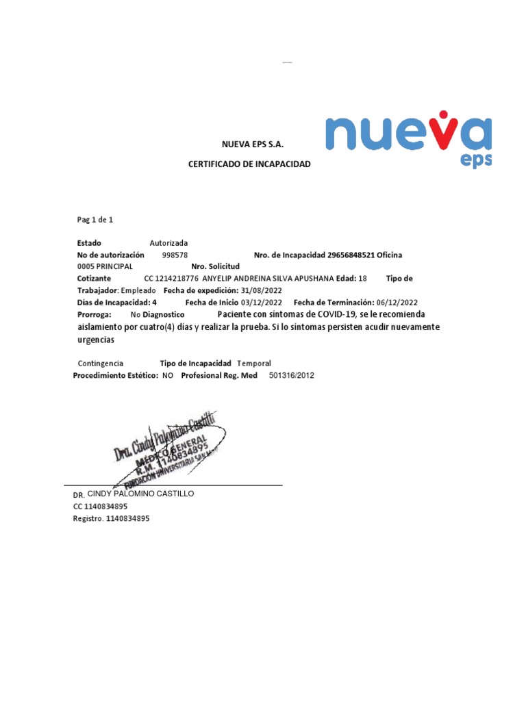 Nueva Eps S.A. Certificado de Incapacidad | PDF