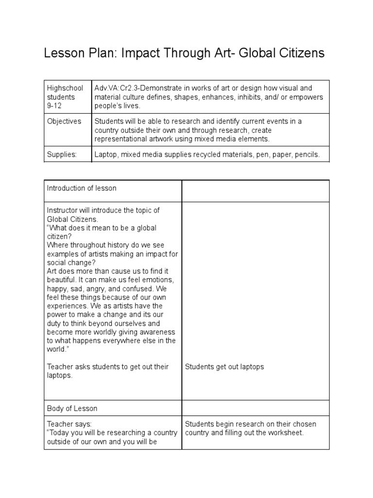 Global Citizenship Through Art Projects | PDF | Lesson Plan | Learning
