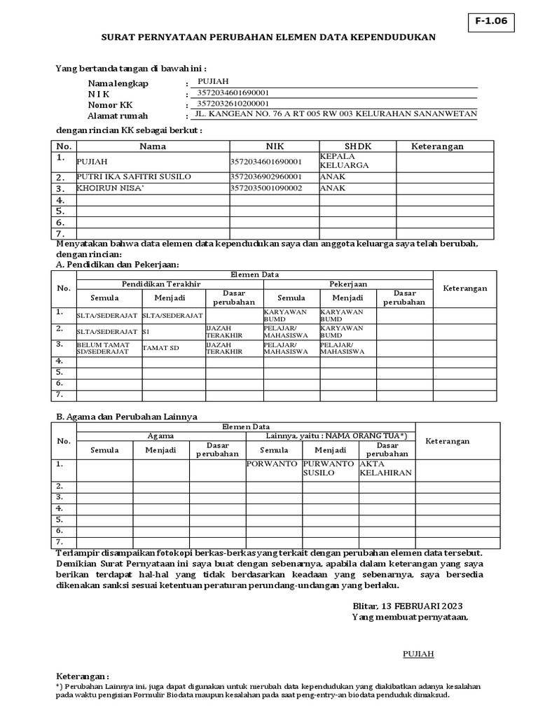 Surat Pernyataan Perubahan Data KK | PDF