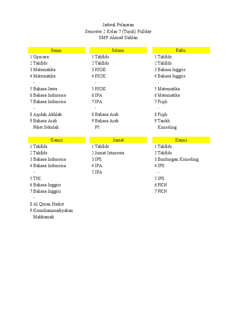 Jadwal Pelajaran SMP | PDF
