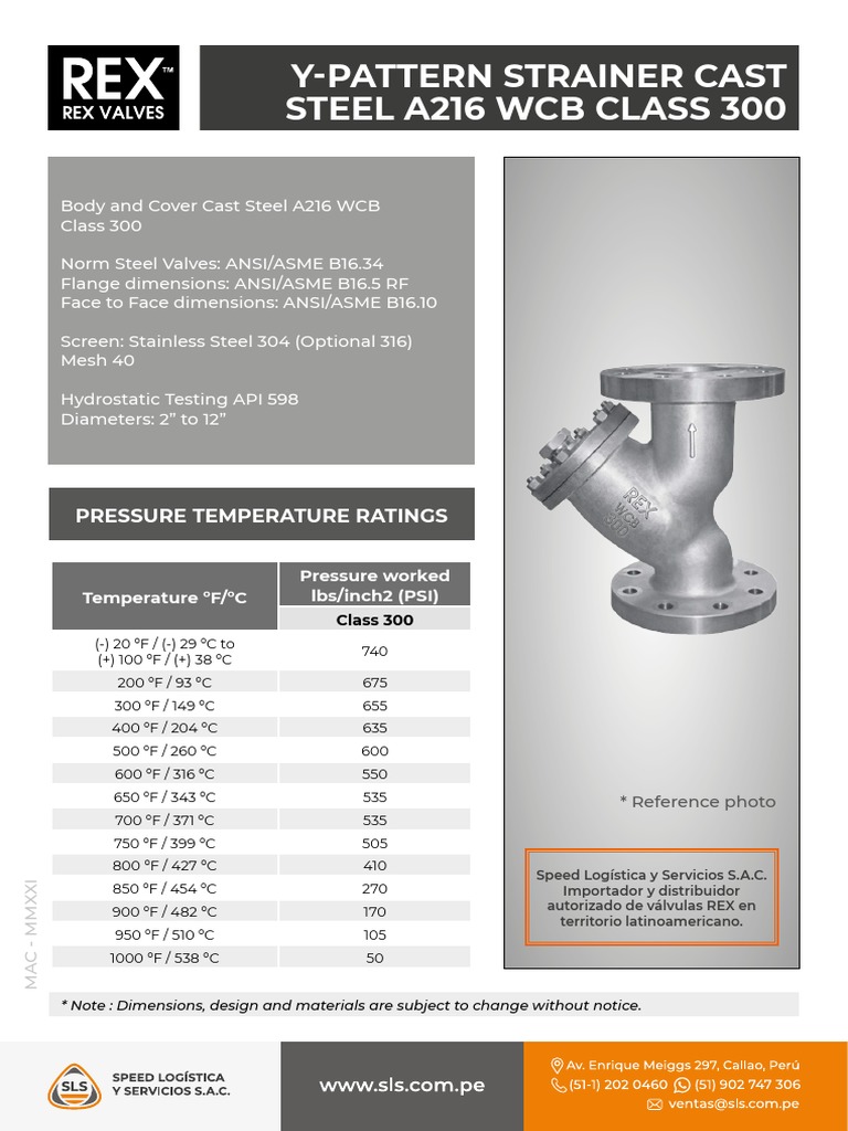 YPattern Strainer Cast Steel A216 WCB Class 300 Pressure Temperature